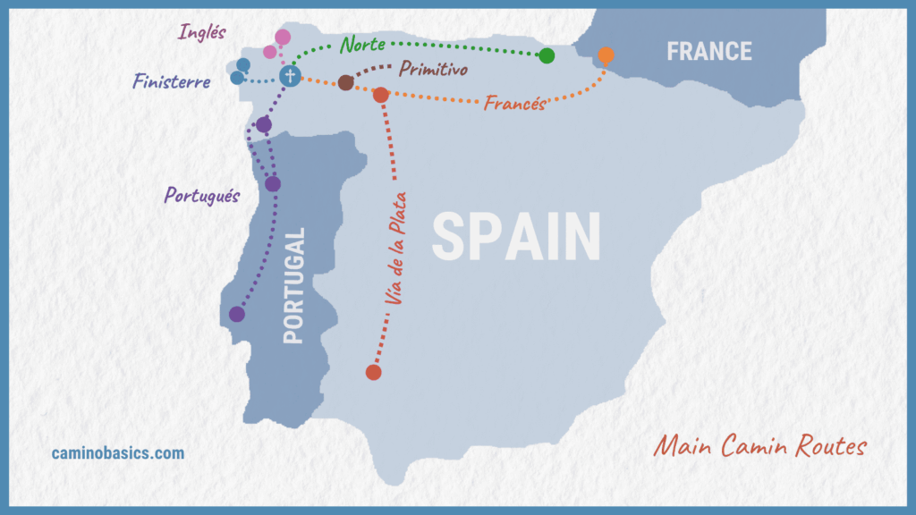Map showing the main Camino de Santiago routes across Spain and Portugal.